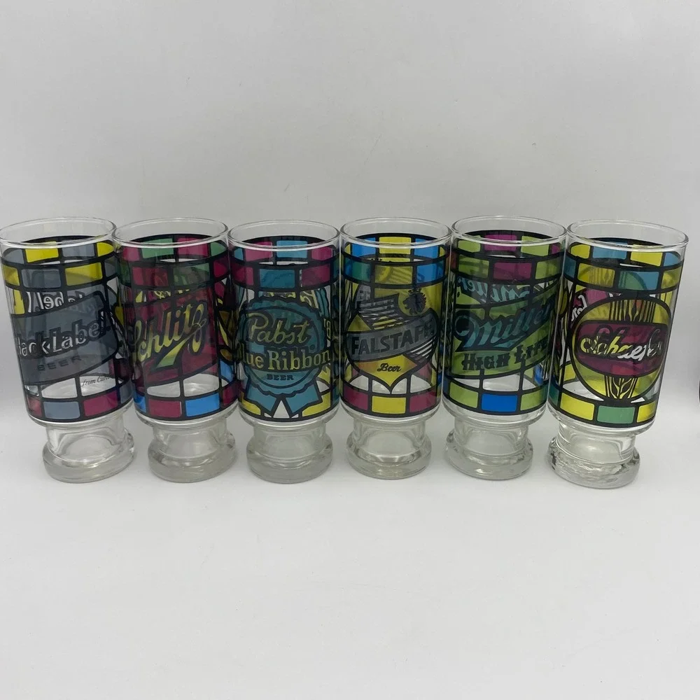 Vintage Stained Glass Beer Glasses Set of 6 PBR Miller Schlitz Falstaff Schaefer